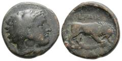 Greek Kingdom of Macedon, Perdikkas III Æ Tetrachalkon. Aigai , 365-359 BC. Head of Herakles to right, wearing lion skin headdress / [Π]EPΔIKKA, lion standing to right, breaking javelin with its jaws.
