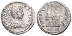 Roman Imperial Roman Empire, Geta (Caesar) 198-208, Denarius, 3.5 g: 19,1 mm. Obv: Bust of Geta right "P SEPT GETA CAES PONT" Rev: "PRINC. IVVENTVTIS" Geta, in military dress, standing left holding a 
