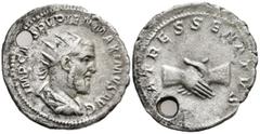 Roman Imperial Pupienus (238 AD). Rome AR Antoninianus (22.4mm 3.51g) Obv: IMP CAES PVPIEN MAXIMVS AVG. Radiate, draped and cuirassed bust of Pupienus to right. Rev: PATRES SENATVS Clasped right hands