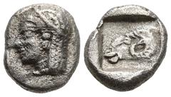 Greek TROAS. Kebren. (5th century BC). AR Diobol (7.1mm 0.44g) Obv: Archaic head (Apollo?) left. Rev: Head of ram left within incuse square. SNG Ashmolean 1086 (diobol)