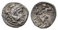 Greek KINGS OF MACEDON. Alexander III the Great, (336-323 BC). contemporary imitation of Sidon mint issue AR Hemiobol (Silver, 8.91 mm, 0.36 g) Obv: Head of Herakles right, wearing lion headdress. Rev