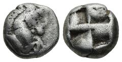 Greek IONIA. Uncertain. (Circa 5th century BC) AR Hemidrachm or Triobol (10,2mm 2,2g) Obv: Forepart of horse right Rev: Quadripartite incuse. asiaminor.com Coin ID #10191