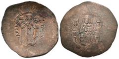 Byzantin Isaac II Angelos AD 1185–1195. Constantinople Trachy Trachy AE (4.1g 33.9mm) Obv: Virgin enthroned facing, holding infant Christ; MPOV across fields / Rev: Emperor standing facing, holding cr