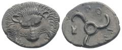 Greek Greek DYNASTS of LYCIA. Puresi. (Circa 380-360 BC). AR Third Stater (17.2mm, 2.67g). Facing lion scalp / Triskeles; PU-RES (in Lycian) and astragalos around. Müseler VIII, 60 var. (longer name, 