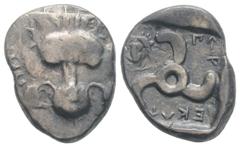 Greek Greek DYNASTS of LYCIA. Perikles, (Circa 380-360 BC). AR Third Stater (16.7mm 3.07g) Facing lion's scalp. / Triskeles; to left, laureate and draped bust of Apollo (?) facing slightly to left; al
