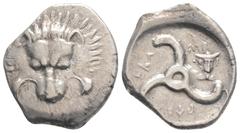 Greek Greek DYNASTS of LYCIA. Perikles, (Circa 380-360 BC). AR Third Stater (16.9mm 3g) Facing lion's scalp. / Triskeles; to right, facing head of Hermes wearing winged petasos. BMC 155. Müseler -. SN