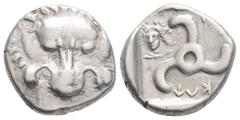 Greek Greek DYNASTS of LYCIA. Perikles, (Circa 380-360 BC). AR Third Stater (15.2mm 3.20g) Facing lion's scalp. / Triskeles; to left, laureate and draped bust of Apollo (?) facing slightly to left; al