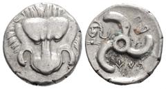 Greek Greek DYNASTS OF LYCIA. Perikles, (Circa 380-360 BC) AR 1/3 Stater (15.2mm, 2.5g). Facing lion's scalp / Triskeles; to upper left, facing laureate bust of Apollo; all within incuse square. Müsel