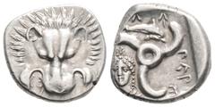 Greek Greek DYNASTS of LYCIA. Perikles. (Circa 380-360 BC). AR 1/3 Stater (15.1mm, 3.1g) Lion scalp facing / Triskeles; in one section, draped bust of female facing slightly left; in another, dolphin 