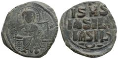 Byzantine Byzantine Anonymous follis atributted to Constantine IX (1050-1060 AD) Constantinople AE Follis (27.9mm, 8.5g) Obv:Christ seated facing on throne with back, wearing nimbus cruciger, pallium 