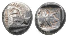 Greek DYNASTS OF LYCIA. Uncertain dynast, (circa 500-480 BC). Uncertain mint. AR Diobol (10mm 1.2g) Obv:Head of a boar right. Rev: Forepart of a man-headed bull to right within incuse square. Falghera