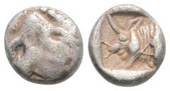 Greek DYNASTS OF LYCIA. Uncertain Dynast (Circa 520-480 BC). AR Obol (9mm 1g) Obv: Head of boar right. Rev: Head of man-headed bull right within incuse square. Weber 8576. Rare