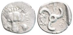 Greek DYNASTS OF LYCIA, Perikles (Circa 380-360 BC) AR Third Stater (16.6mm, 2.9g) Obv: Facing lion's scalp. Rev: Triskeles; Bust of Apollo in upper left field; Legend around. SNG Copenhagen -; SNG v.