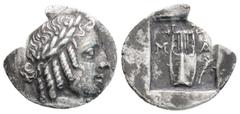 Greek LYKIAN LEAGUE, Masikytes (Circa 44-18 BC) AR Hemidrachm (15.7mm, 1.5g) Obv: Laureate head of Apollo right, Λ behind, Y before Rev: Kithara; M-A across upper fields, branch in lower right field; 