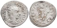 Roman Imperial Gordian III (238-244 AD) Antioch AR Antoninianus (23.8mm, 3.5g) Obv: IMP GORDIANVS PIVS FEL AVG, radiate, draped, and cuirassed bust of Gordian III right, seen from back. Rev: SAECVLI F