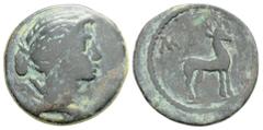 Greek LYKIAN LEAGUE, Masikytes (Circa 27-23 BC) AE Bronze (19.1mm, 3.4g) Obv: Draped bust of Artemis to right, bow and quiver over shoulder; MA before Rev: Stag standing to right; MA above. RPC I 3319