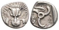 Greek Lycia, Perikles. Circa 380-360 BC Dynsts of Lycia.. AR Third Stater. Lion scalp facing / Triskeles; in one section, draped bust of female facing slightly left; in another, dolphin right; all wit