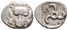 Greek Lycia, Perikles. Circa 380-360 BC Dynsts of Lycia.. AR Third Stater. Lion scalp facing / Triskeles; in one section, draped bust of female facing slightly left; in another, dolphin right; all wit