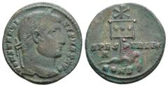 Imperial Constantine I 'the Great' Æ Nummus. Constantinople, AD 327. CONSTANTINVS MAX AVG, laureate head right / Labarum, with three medallions on vexillum and surmounted by Christogram, piercing serp