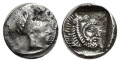 GREEK LYCIA, Telmessos?. Circa 410-390 BC. AR Diobol (12mm, 1.53 g). Helmeted head of Athena right. Rev: Bearded head of Herakles right, wearing lion skin headdress; all within incuse square.