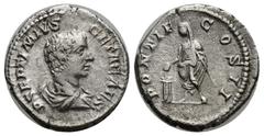 ROMAN IMPERIAL GETA. Denarius. AR (19mm, 3.00 g). 209 AD Rome. Anv: Draped bust of Geta on the right, around legend: P SEPTIMIVS PUBLIUS SEPTIMIUS GETA CAES. Rev: Geta veiled left shelf with patera on