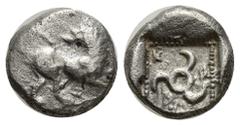 GREEK Dynasts of Lycia, Kuprilli AR 1/4 Stater. (12mm, 2.5 g) Circa 480-440 BC. Lion standing right, head left, raising forepaw / Triskeles; KO-ΠP-ΛΛE around; all in pelleted square within incuse squa