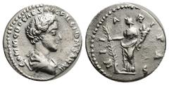 ROMAN IMPERIAL Commodus (AD 177-192). AR denarius (19mm, 3.46 g). Rome, AD 175-176. COMMODO CAES AVG FIL GERM SARM, bare-headed, draped bust of Commodus right / HIL-A-RITAS, Hilaritas standing facing,