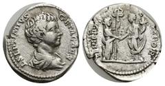ROMAN IMPERIAL Geta, as Caesar, 198-209. Denarius (Silver, 16mm, 3.16 g), Rome, 198. L SEPTIMIVS GETA CAES Bare-headed and draped bust of Geta to right. Rev. FELICITAS TEMPOR Felicitas standing right,