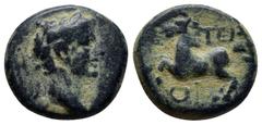 ROMAN PROVINCIAL LYCIA. Termessus Minor. Tiberius (AD 14-37). AE (17mm, 5.7 g). Laureate head of Tiberius right / TEP, horse galloping left; OI below.