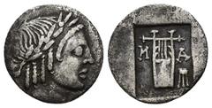 GREEK Masikytes, Lycia. AR Hemidrachm (15mm, 1.51 g), c. 48-23 BC (?). Laureate head of Apollo right. Rev. Lyra; in fields, M-A; to right, A above tripod.