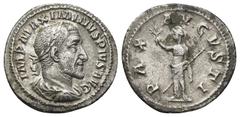 ROMAN IMPERIAL Maximinus I 'Thrax'. A.D. 235-238. AR denarius (20mm, 2.45 g). Rome, A.D. 235/6. IMP MAXIMINVS PIVS AVG, laureate, draped and cuirassed bust of Maximinus I right / PAX AVGVSTI, Pax stan