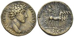 ROMAN IMPERIAL Marcus Aurelius, as Caesar, 139-161. Sestertius (30mm, 22.44 g), Rome, 145. AVRELIVS CAESAR AVG PII F COS II Bare-headed and draped bust of Marcus Aurelius to right, seen from behind. R