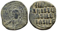 BYZANTINE Anonymous Basil II & Constantine VIII, circa 1020-1028. Æ Follis (29mm, 9.5 g). Constantinople mint. +ЄMMANHOVΛ Facing bust of Christ Pantokrator / +IҺSЧS/ XRISTЧS/ BASILЄЧ/ BASILЄ’ in four 