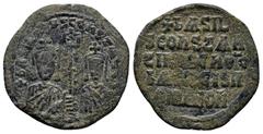 BYZANTINE Basil I the Macedonian, with Constantine, (867-886 AD) Constantinople (or uncertain provincial mint?) AE Follis (28mm, 6.7 g) Obv: +bASILIOS S COhST AЧςς Half-length busts of Basil I and Con