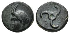 GREEK Dynasts of Lycia. Uncertain mint. Perikles circa 380-360 BC. Bronze Æ (13mm, 2.6 g). Horned head of Pan left / Π↑-ΡΕ-ΚΛ clockwise; triskeles.