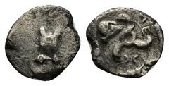GREEK Dynasts of Lycia. Uncertain mint. Mithrapata 390-370 BC. obol AR (8mm, 0.5 g). Astragalos / Triskeles, helmet right in one section, all within incuse square.