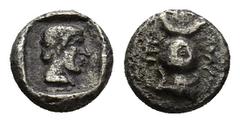 GREEK Lycia Dynast, ca 470-440 BC. AR Obol (0.4 Gr. 6mm.). Forepart of winged human-headed bull right Rev. Head of male?