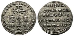 BYZANTINE Basil II Bulgaroktonos, with Constantine VIII, 976-1025. Miliaresion (2.3 Gr. 22mm.), Constantinopolis, Cross crosslet, with X at center and pellet within crescent on shaft; beneath, globus 