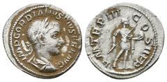 ROMAN IMPERIAL Gordian III (AD 238-244). AR denarius (19mm, 2.7 g). Rome, AD 241-243. IMP GORDIANVS PIVS FEL AVG, laureate, cuirassed bust of Gordian III right, seen from behind / P M TR P III COS II 