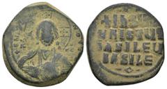 BYZANTINE Basil II & Constantine VIII, circa 1020-1028. AE. Follis (14.1 Gr. 27 mm). Constantinople Facing bust of Christ Pantokrator Rev. +IҺSЧS/ XRISTЧS/ BASILЄЧ/ BASILЄ’ in four lines; ornament [ab