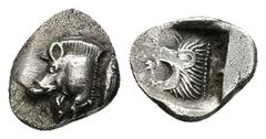 GREEK Kyzikos Hemiobol, boar / lion Kyzikos, Mysia. AR Hemiobol (9mm, 0.47 g), c. 500-490. Obv. Forepart of boar left, behind, tunny fish. Rv. Lion's head left, all within square incuse.