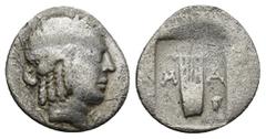 GREEK Masikytes, Lycia. 48-23 BC AR Hemidrachm (1.21 Gr. 14mm.) Laureate head of Apollo right. Rev. Lyra; in fields, M-A; to right, A above tripod.