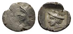 GREEK DYNASTS of LYCIA. Uncertain dynast. Circa late 5th-early 4th century BC. AR (0.54 Gr. 10mm.) Helmeted head of Athena left Rev. Head of Hermes left, wearing winged petasos, within incuse square.