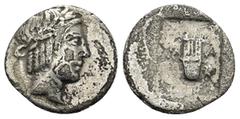 GREEK Masikytes, Lycia. AR Hemidrachm (16mm, 1.54 g), c. 48-23 BC (?). Laureate head of Apollo right. Rev. Lyra; in fields, M-A.