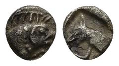 GREEK LYCIA, Uncertain. 5th century BC. AR Hemiobol(?) (0.30 Gr. 6mm.) Forepart of boar right Rev. Head and neck of hound, wearing leash, left, within incuse square