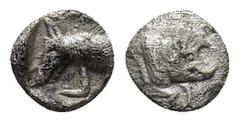 GREEK LYCIA, Uncertain. 4th century BC. AR Hemiobol(?). Forepart of boar right / Head and neck of hound, wearing leash, left, within incuse square. (0.30 Gr. 6mm.)
