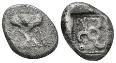 GREEK Dynasts of Lycia, Kuprilli (?) AR Stater. Circa 480-440 BC. (7.9 Gr. 15mm.) Lion standing right, head left, raising forepaw (?) Rev. Triskeles; around; all in pelleted square within incuse squar