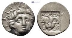 GREEK ISLANDS off CARIA, Rhodos. Rhodes. Circa 170-150 BC. AR Hemidrachm (12mm, 1.53 g). ‘Plinthophoric’ coinage. Dexikrates, magistrate. Radiate head of Helios facing slightly right / Rose with bud t