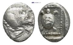 GREEK Dynasts of Lycia. Uncertain Dynast AR (9mm, 0.79 g). Circa 490-430 BC. 'Protodynastic' period. Forepart of boar right / Tortoise within pelleted linear square, all within incuse square.