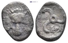 GREEK Dynasts of Lycia. Uncertain mint. Perikles 380-360 BC. 1/3 Stater AR (17mm, 2,87 g) Lion scalp facing / Triskeles; laureate and draped facing bust of Apollo. all within incuse circle